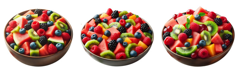 Obraz premium bowl of mixed fruit salad with vibrant slices of watermelon, kiwi, and berries. Three PNG images Isolated on white or transparent background.