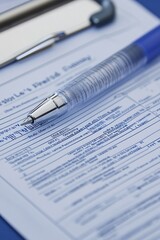 A close-up of a filled-out form with a pen resting on it, suggesting documentation or surveys.