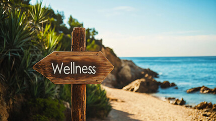 Wooden sign pointing the way to health, along a path to a private beach
