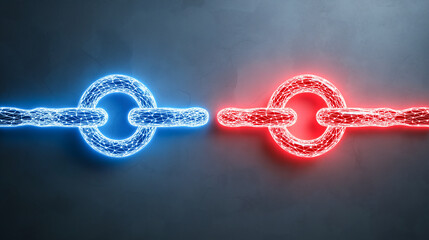 Neon lit links in red and blue symbolize advanced technology and connectivity, creating striking visual contrast against dark background