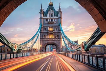 Obraz premium Iconic tower bridge with colorful lighting and traffic trails