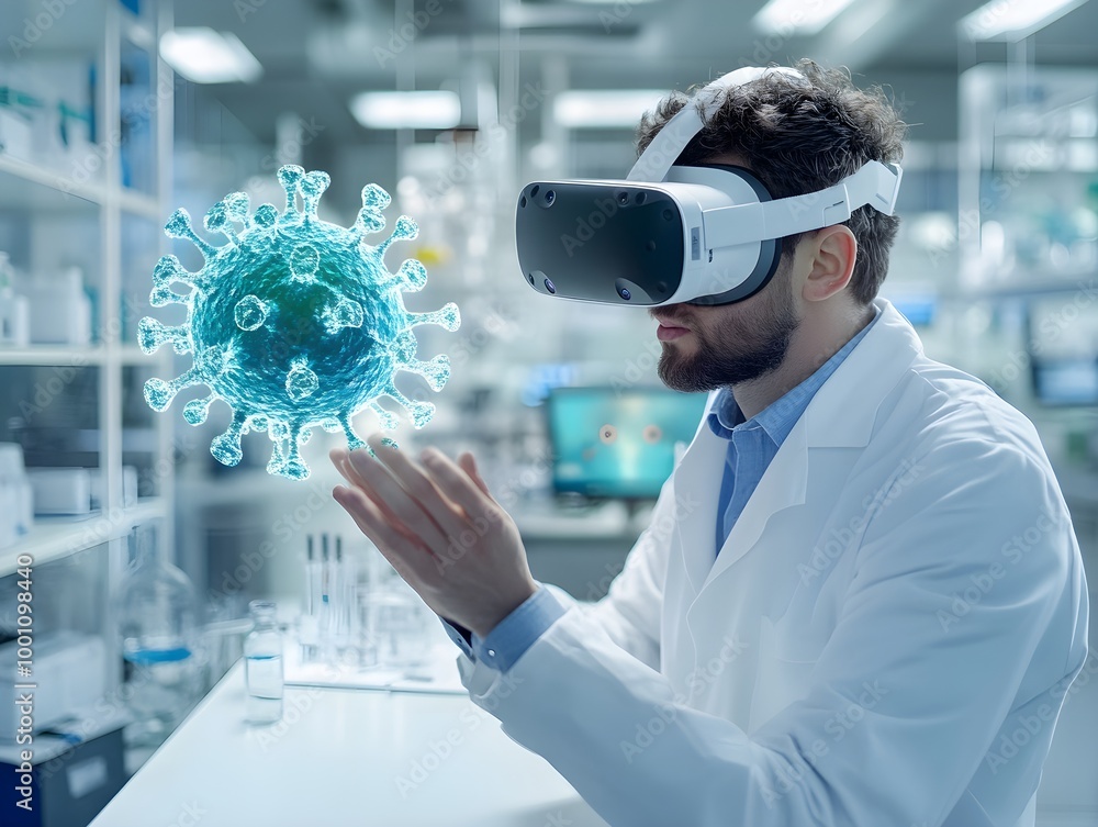 Poster scientist with vr headset exploring virus model