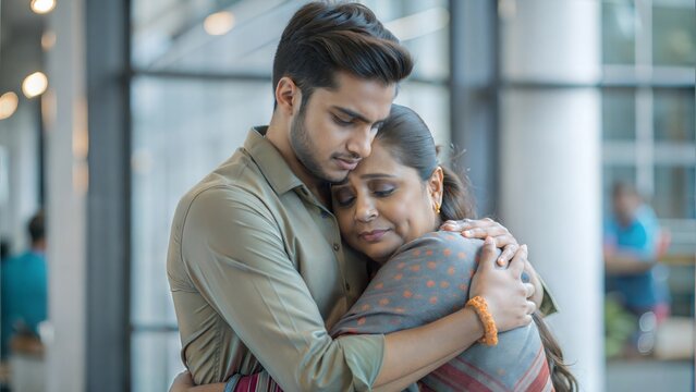 Loving indian son hugging, comforting and supporting his mom feeling sad and depressed