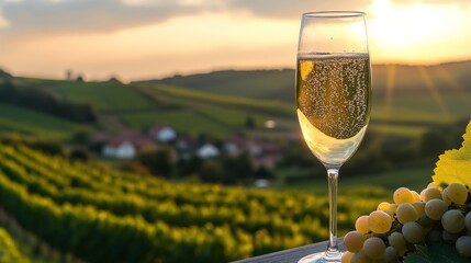 A glass of sparkling wine perched on a ledge with a lush vineyard in the background, basking in the warm glow of a beautiful sunset over a serene countryside landscape.