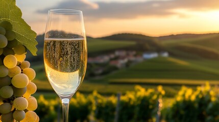 A glass of white wine with bubbles sits in front of a lush vineyard at sunset, with a cluster of green grapes nearby, showcasing the serene beauty of the wine country landscape.