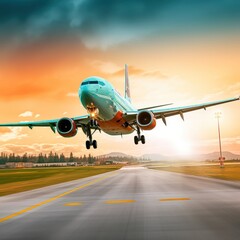 Obraz premium Airplane Landing on Runway at Sunset