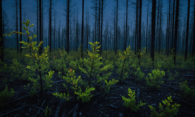 Obraz premium New life emerges in a forest after a wildfire, with young saplings pushing through the charred ground
