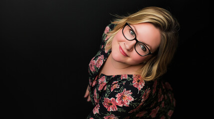 A woman looks up at the camera, smiling warmly in glasses and a floral pink dress, her tousled blonde hair contrasting with the dark background.
