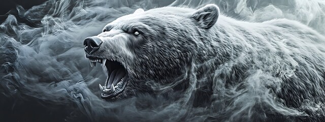 A majestic angry bear head emerges from the smoke, its mane flowing in shades of white and gray against an ethereal background