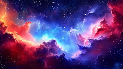 Fototapeta premium This image features a vibrant and colorful cosmic nebula, showcasing a stunning array of red, blue, and purple clouds of gas and dust against a star-filled backdrop.