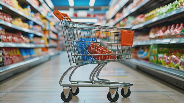 An empty shopping cart standing in the center of a brightly lit supermarket aisle, with neatly stocked shelves on either side, filled with a variety of products and colorful packaging.