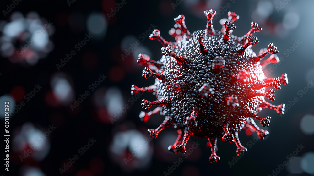 Poster a menacing close up of virus particle showcases its intricate structure and spiky surface, highlight