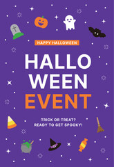 Cute style autumn season Halloween concept event banner and poster design template. With grave, pumpkin, ghost, bat, candy, witch, broom icons and 'Halloween Event' typography on purple background.