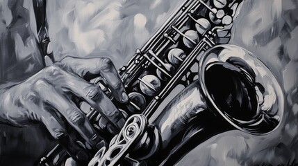 Obraz premium Closeup of hands playing saxophone, focusing on the details and textures of both the instrument and player's hands against a grey background. 