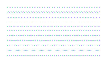 A set of pattern border line graphic illustrations in a combination of colorful, abstract, geometric shapes. 