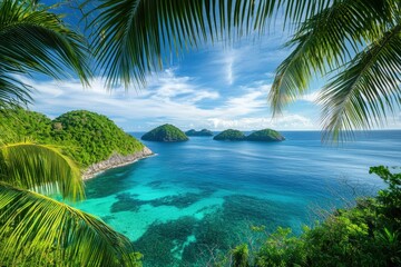 Tropical island paradise with turquoise waters and lush palm trees