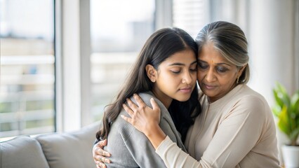 Obraz premium Loving indian daughter hugging, comforting and supporting her mom feeling sad and depressed
