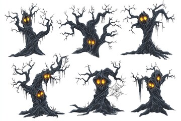 Fototapeta premium Spooky cartoon trees with glowing eyes, white isolate background