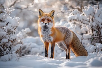 Fototapeta premium Majestic red fox in snowy winter landscape