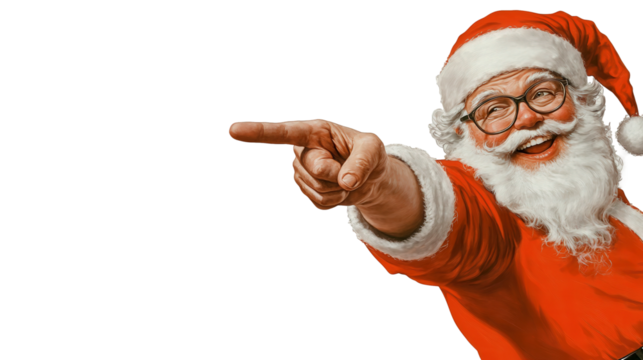 Santa Claus joyfully pointing at a blank advertisement area