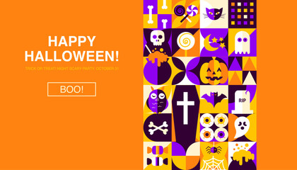 Happy Halloween Geometrical Web Banner. Vector Illustration of Flat Style Background. Trick or Treat. Scary Party Concept. Horror Holiday.