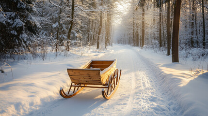 Empty wooden sleigh on a snowy path, tranquil mood, winter landscape