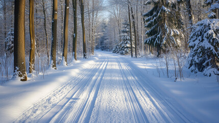 Obraz premium Cross-country ski tracks through a snowy forest, serene mood, winter landscape