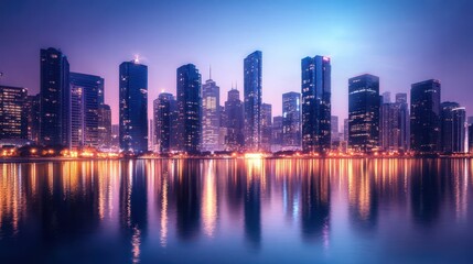 Obraz premium Stunning Nighttime Cityscape with Illuminated Skyscrapers Reflecting on Calm Water