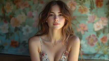 Fototapeta premium Woman in Floral Bralette Against Floral Background.