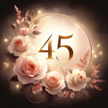 Elegant floral arrangement celebrating the number 45 with soft pink roses and golden accents.