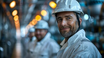 A man in a white safety helmet and a white jacket is smiling