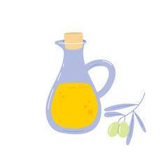Cute simple illustration of olive oil and branch, isolated vector illustration.