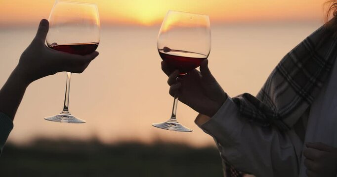 Woman clink glasses with wine at sunset, slow motion