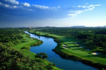 Scenic golf course landscape with river and mountains