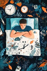 A person lying in bed surrounded by clocks and nature-inspired elements, evoking tranquility.