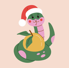 Cute festive snake in a Santa hat coiled around an orange. Flat style illustration for Christmas and holiday designs, perfect for seasonal projects, greeting cards, and decorations.