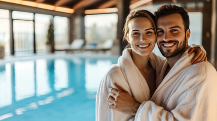 Joyful couple in bathrobes embraces by a pool at a luxurious hotel spa, radiating love and happiness during their vacation