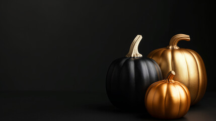 Black and golden pumpkins decoration. Elegant pumpkin decoration for halloween or thanksgiving. Black and gold classy decor. Pumpkins seasonal background with autumn design.