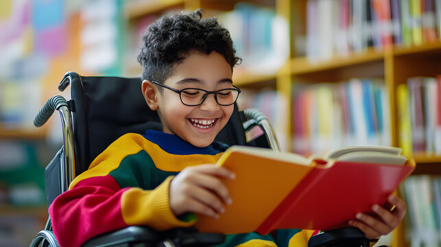 Happy young disabled school student in wheelchair reading a library book. African american child with disability learning. Rainbow pride classroom. Inclusive 