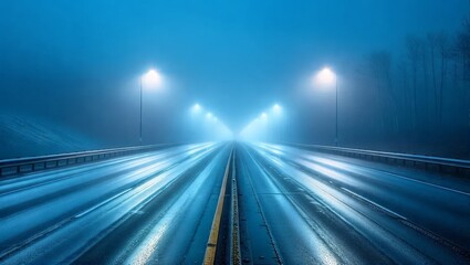 Foggy Highway at Night with Illuminated Streetlights