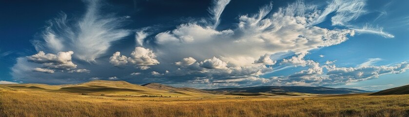 Obraz premium Panoramic View of Vast Grassland Under Dramatic Sky with Rolling Clouds and Distant Hills