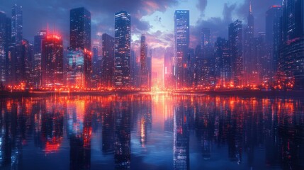 Fototapeta premium Stunning Night Cityscape with Skyscrapers Reflecting in Water and Vibrant Lights
