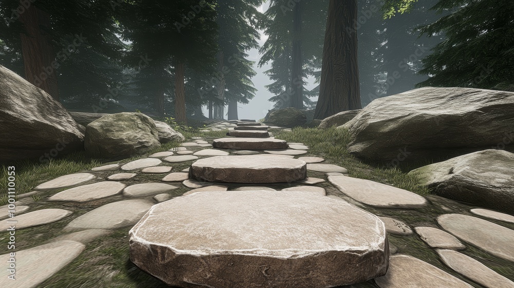 Sticker a stone path winds through a misty forest, leading towards a line of tall trees. the path is lined w