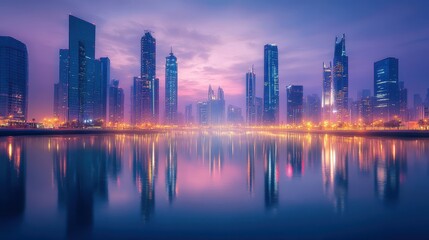 Fototapeta premium Stunning Modern City Skyline at Dusk with Reflections on Calm Water and Vibrant Lights