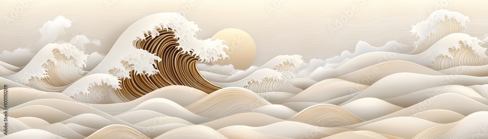 Poster abstract art featuring a large wave breaking through a field of clouds.