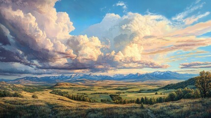 Obraz premium Majestic Landscape with Rolling Hills, Dramatic Clouds, and Distant Mountains Under a Vibrant Sky