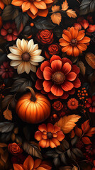 Fototapeta premium pumpkin and flowers on a dark background