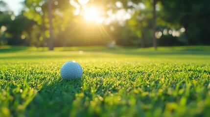 A close-up view of a golf ball resting on lush green grass during a golden sunset, capturing the essence of outdoor sports.