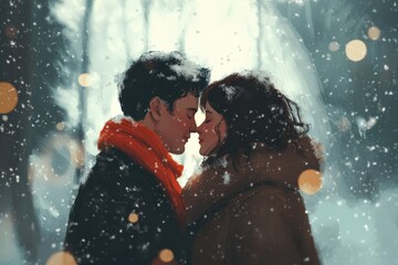Romantic couple embracing in the snow