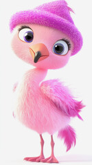 vertical illustration of a cute flamingo cartoon character with purple hat against white background